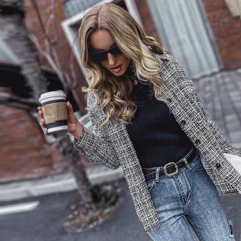 

Plaid Print Single Breasted Drop Shoulder Tweed Coat, Black and white