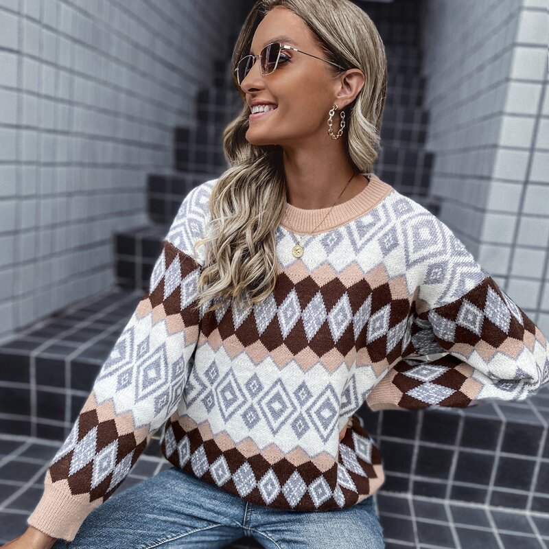 

Drop Shoulder Argyle Pattern Sweater, Multicolor