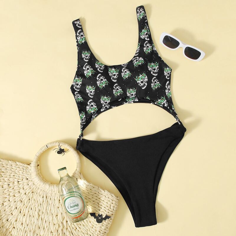 

Halloween Print Cut Out One Piece Swimsuit, Black