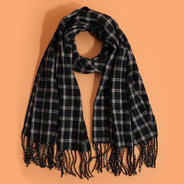 

Men Fringe Hem Plaid Scarf, Multicolor