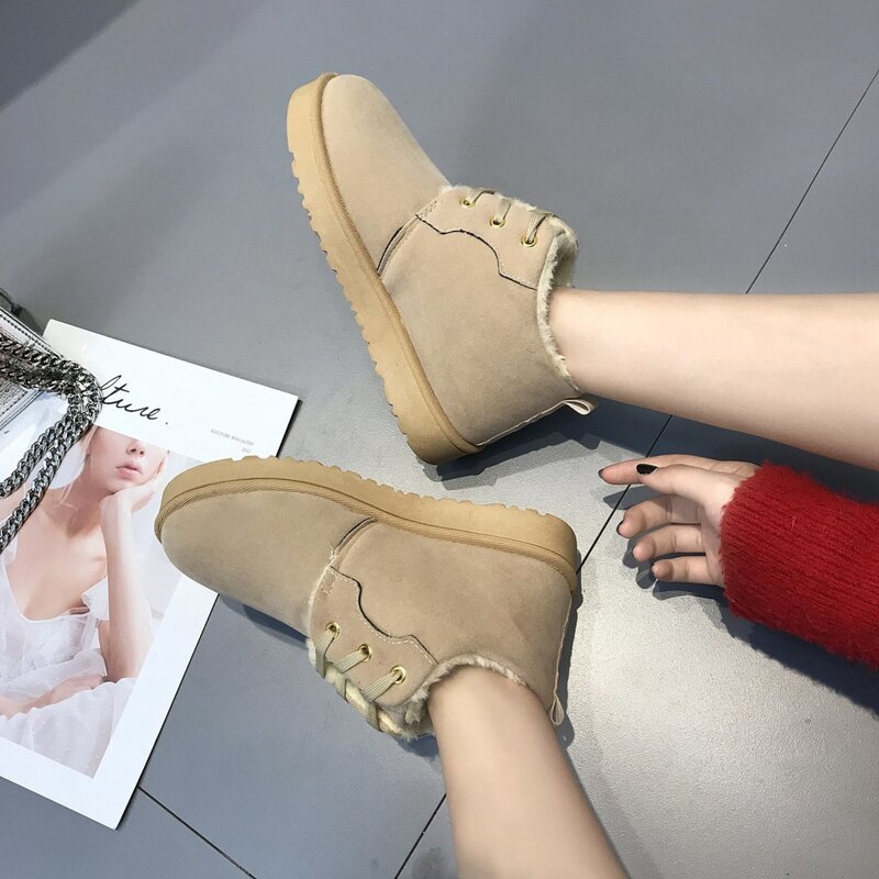 

Lace-up Front Fluffy Snow Boots, Beige
