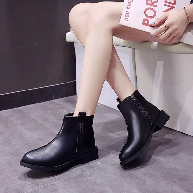 

Letter Chunky Heeled Ankle Boots, Black