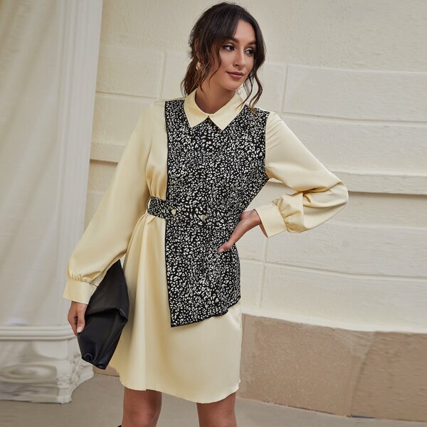 

Contrast Leopard Colorblock Belted Dress, Multicolor