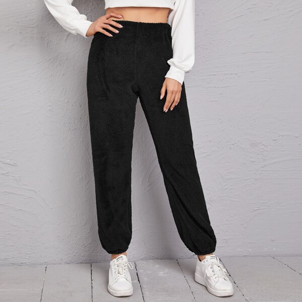 

Flannel Solid Elastic Waist Sweatpants, Black