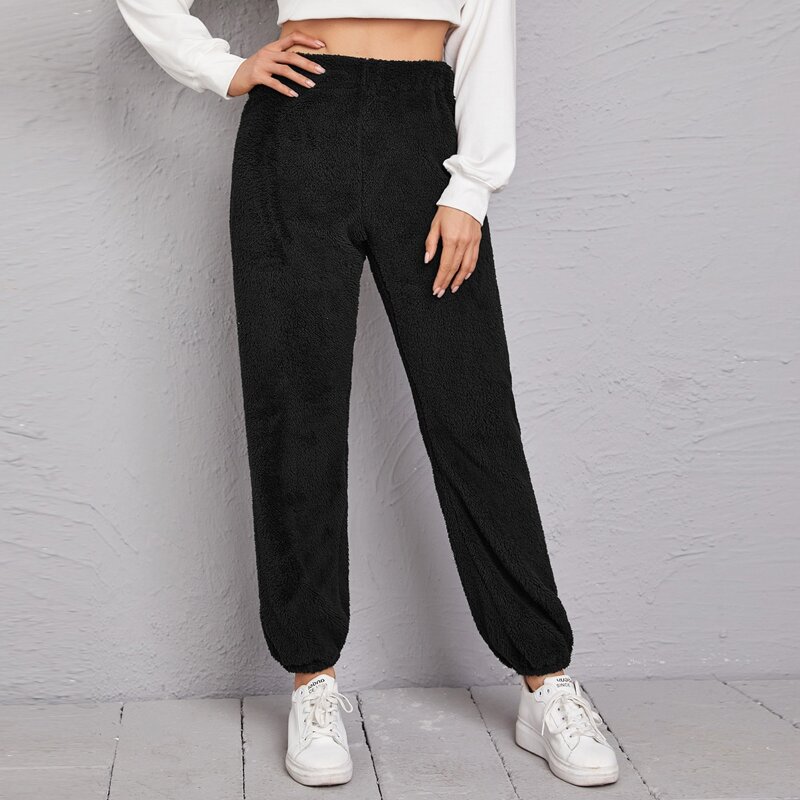 

Flannel Solid Elastic Waist Sweatpants, Black