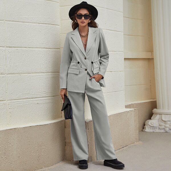 

Drawstring Knot Button Front Blazer & Pants Set, Light grey