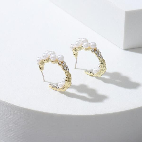 

Faux Pearl & Rhinestone Decor Hoop Earrings, Gold