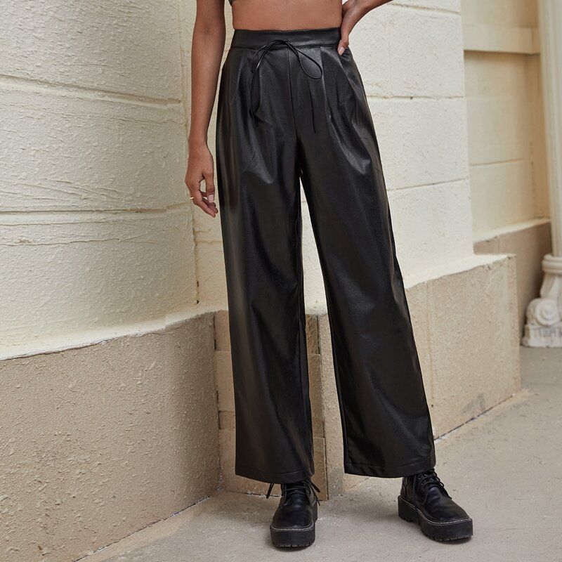 

Tie Waist Fold Pleat PU Leather Wide Leg Pants, Black