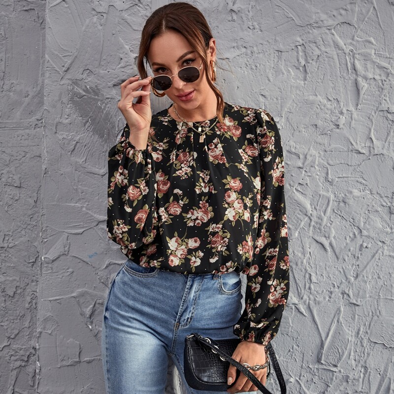 

Lantern Sleeve Fold Pleat Floral & Dot Print Top, Multicolor
