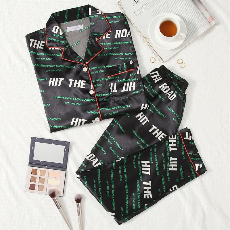 

Satin Allover Letter Print PJ Set, Black