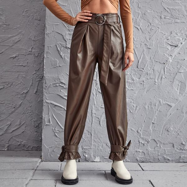 

Knotted Hem Belted PU Leather Pants, Mocha brown
