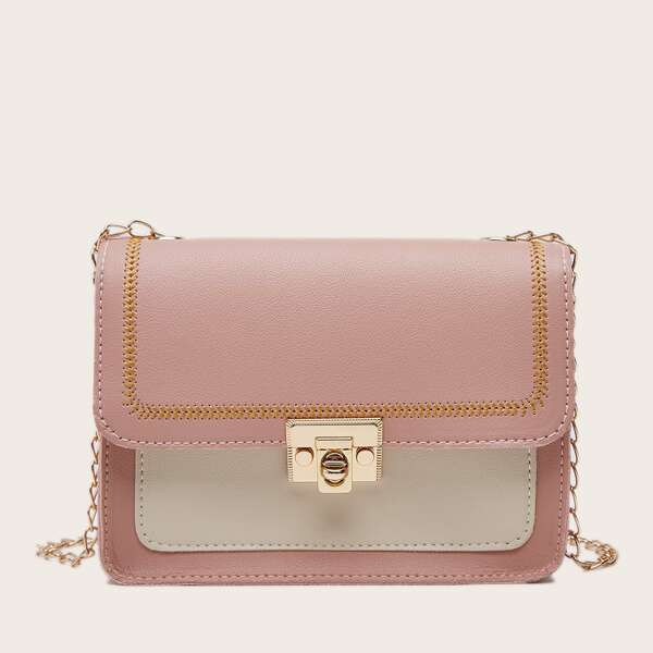 

Stitch Trim Twist Lock Flap Chain Bag, Pink