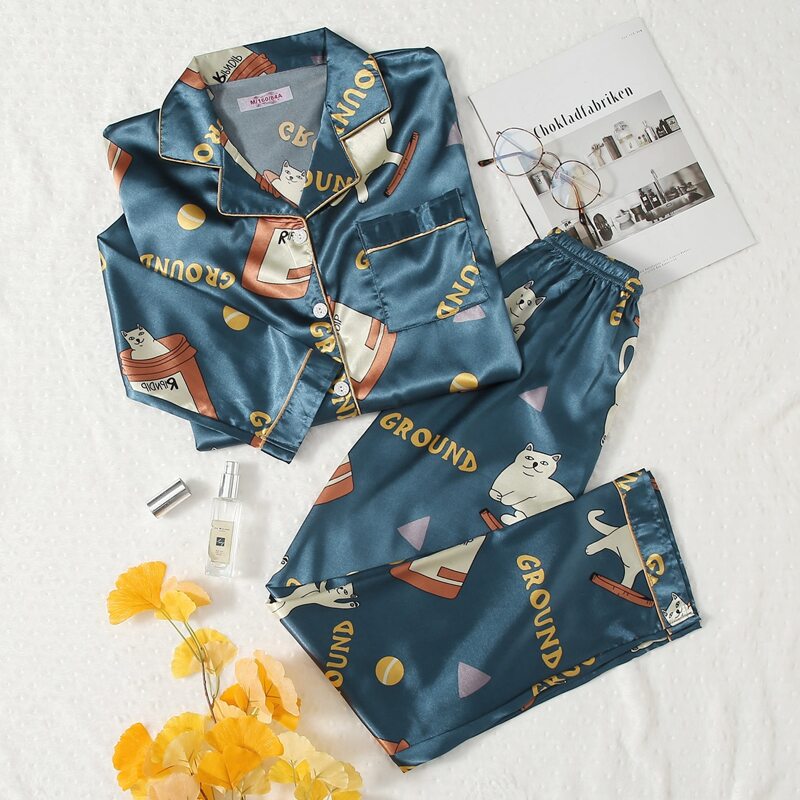 

Satin Cartoon Allover Print PJ Set, Multicolor