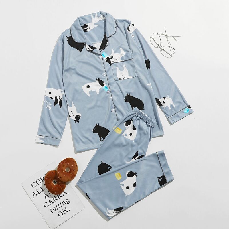

Allover Cartoon Print PJ Set, Blue
