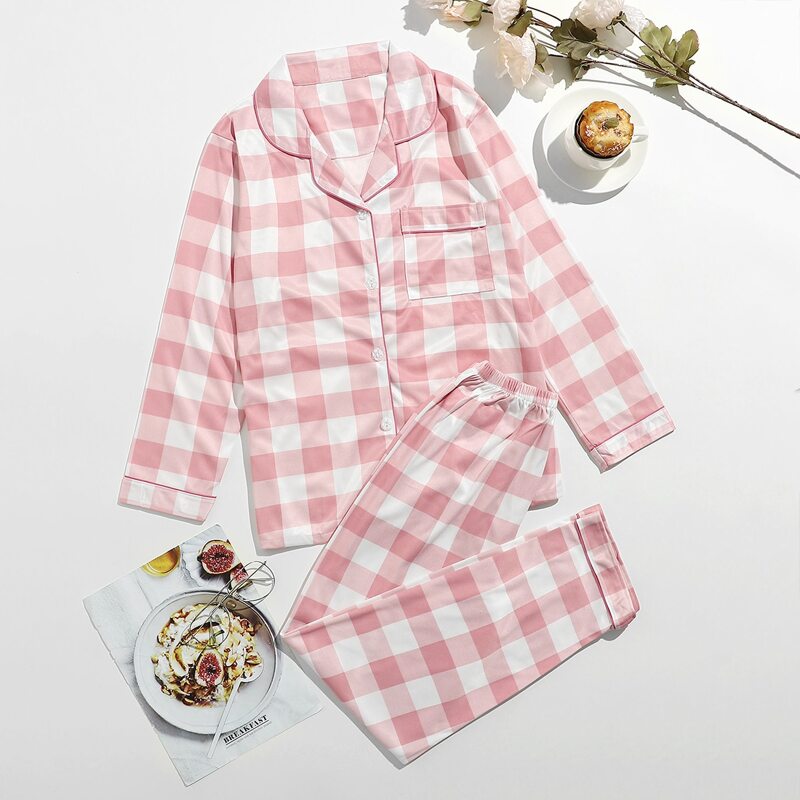 

Plaid Button Front PJ Set, Pink