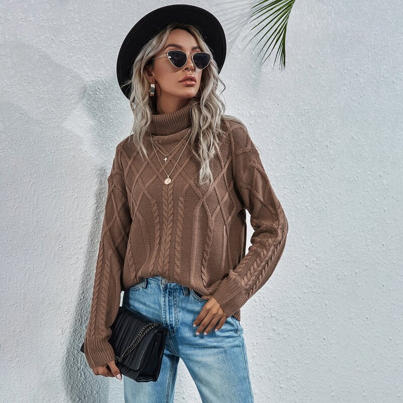 

Turtleneck Cable Knit Sweater, Mocha brown