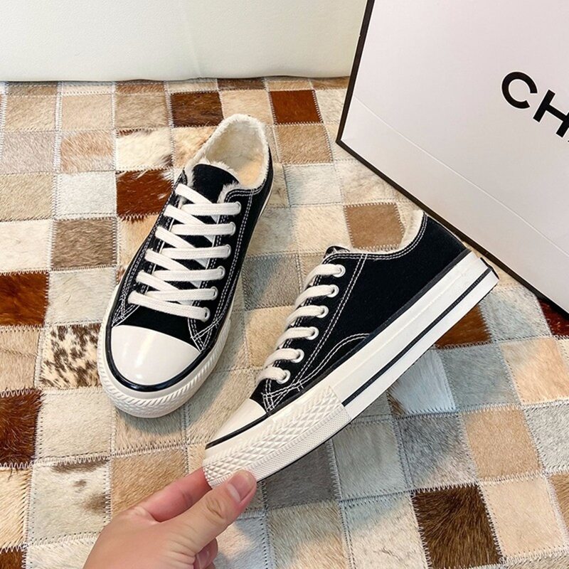 

Lace-up Fluffy Canvas Sneakers, Black