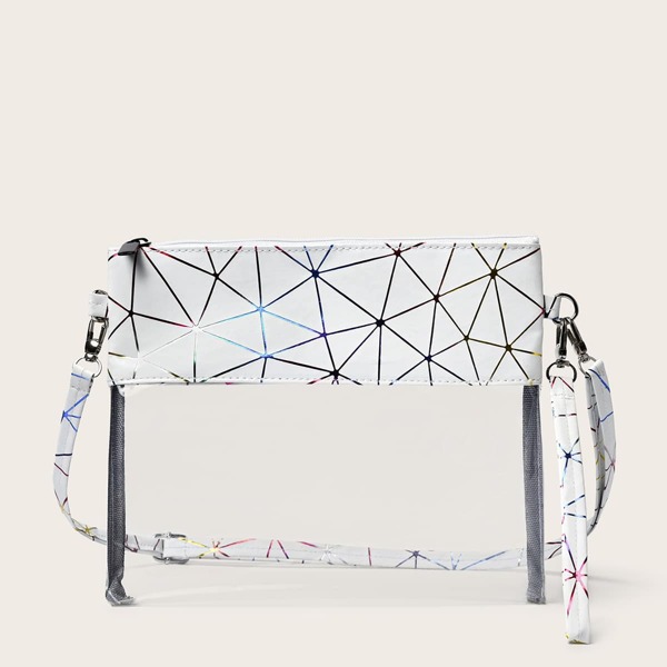 

Clear Geometric Graphic Clutch Bag, White