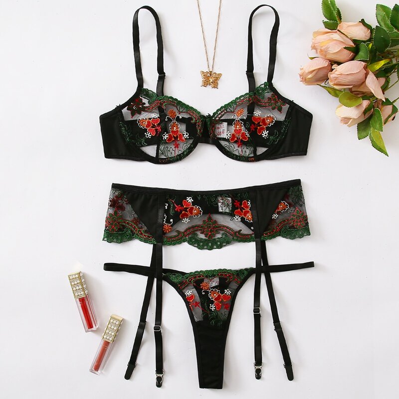

3pack Lace Floral Garter Lingerie Set, Black