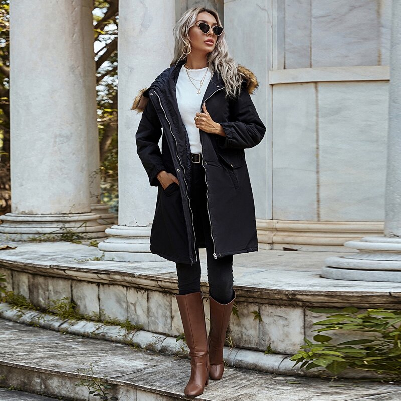 

Contrast Faux Fur Drawstring Waist Parka Coat, Black