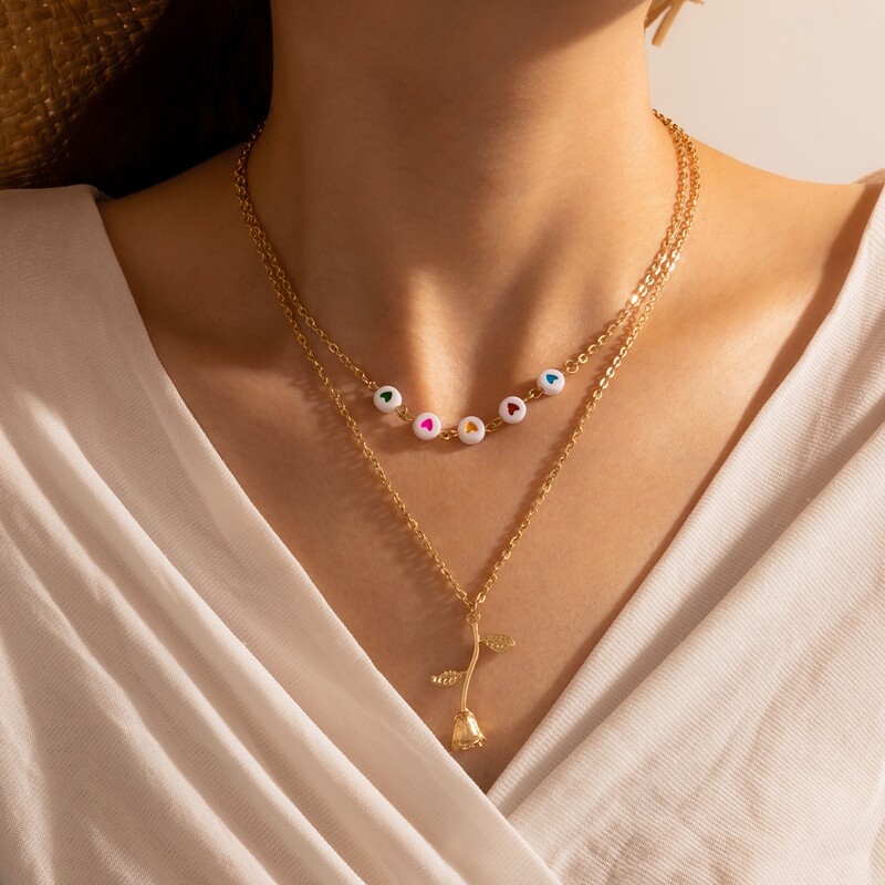 

Rose & Beaded Layered Necklace, Gold