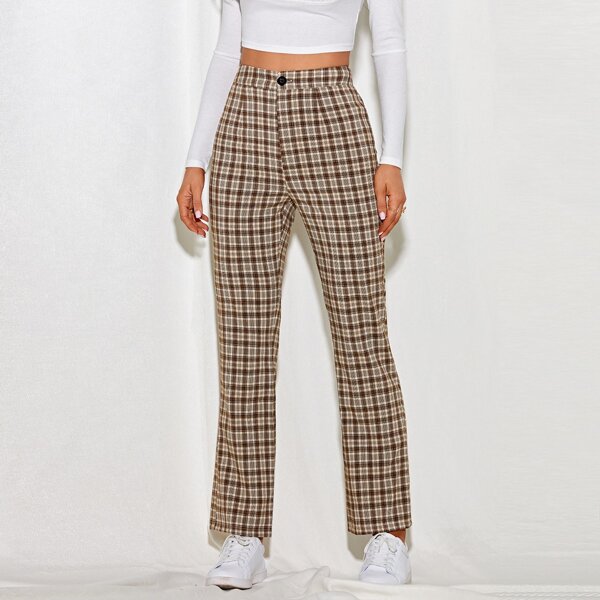 

Button Waist Tartan Straight Pants, Multicolor