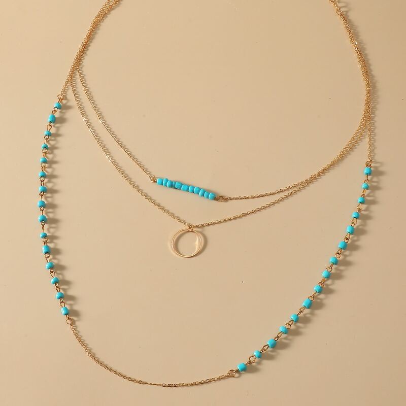 

Ring Charm Bead Decor Layered Necklace, Blue