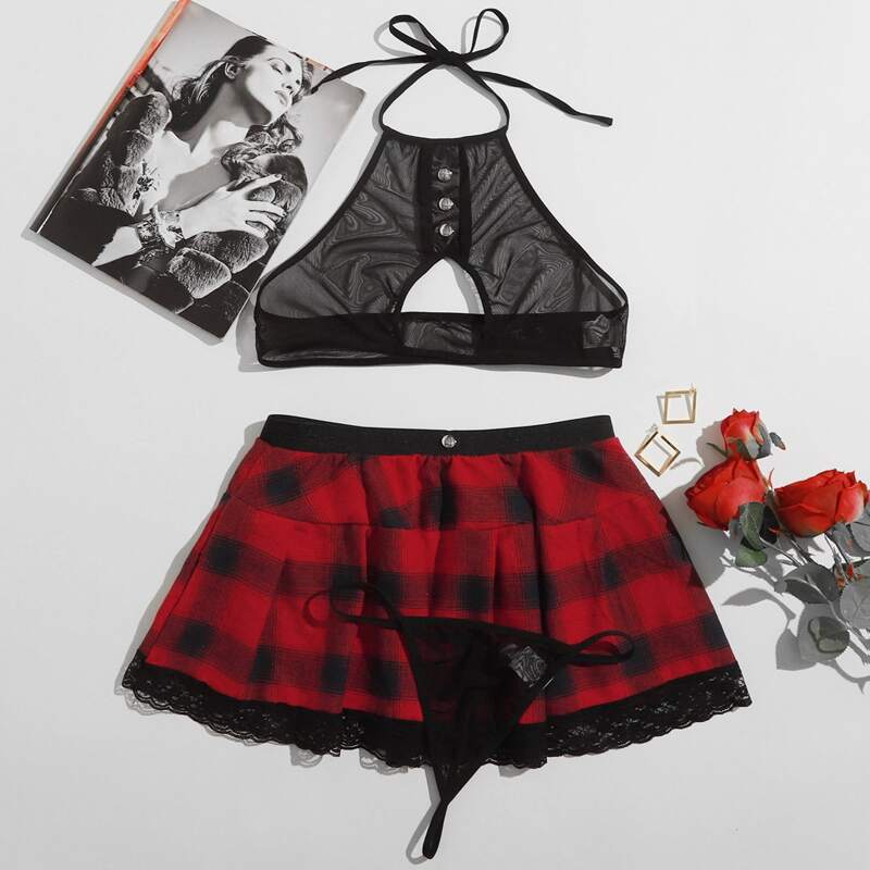 

3pack Tartan Print Lingerie Set, Multicolor