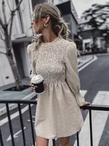 Gingham Shirred Tie Back Dress - Apricot - View 1