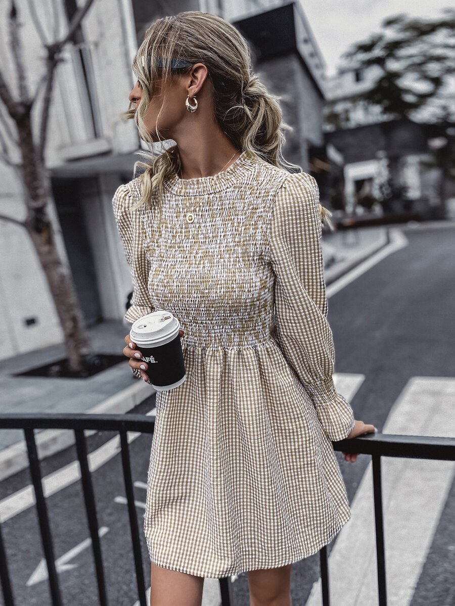 Gingham Shirred Tie Back Dress - Apricot - View 1