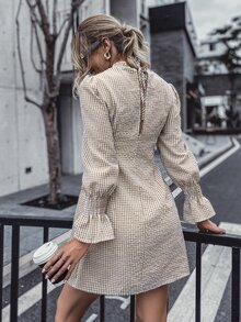 Gingham Shirred Tie Back Dress - Apricot - View 2