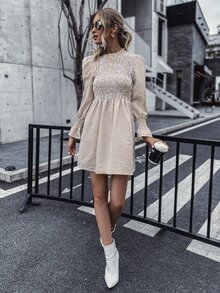 Gingham Shirred Tie Back Dress - Apricot - View 3