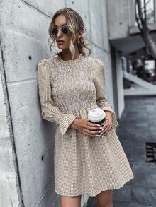 Gingham Shirred Tie Back Dress - Apricot - View 6