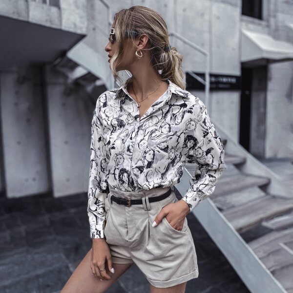 

Allover Figure Print Drop Shoulder Blouse, Black and white