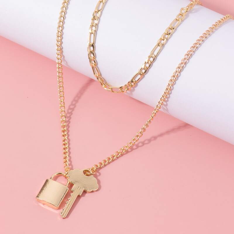 

Lock & Key Layered Chain Necklace, Gold