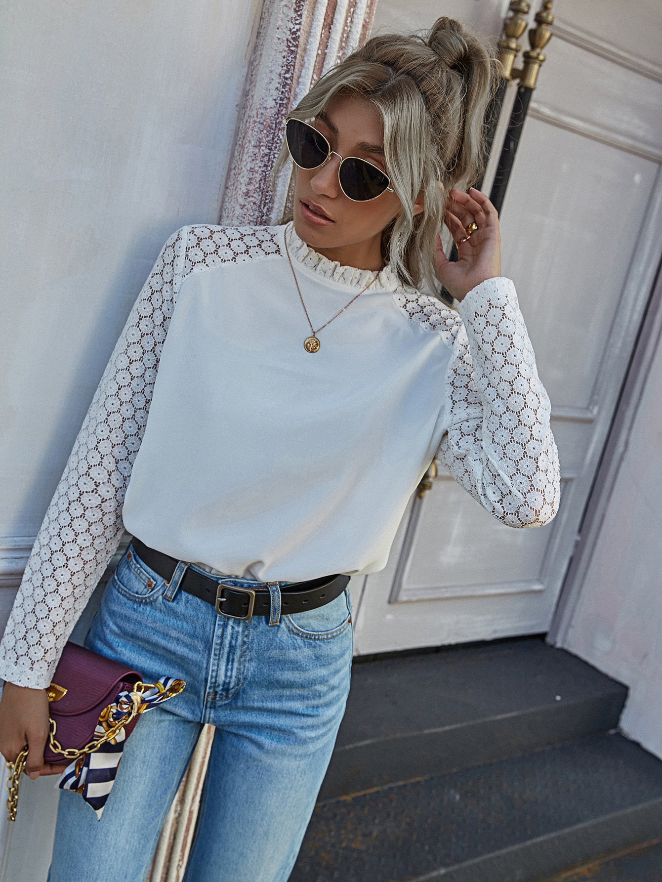 Frill Neck Contrast Lace Sleeve Blouse thumbnail