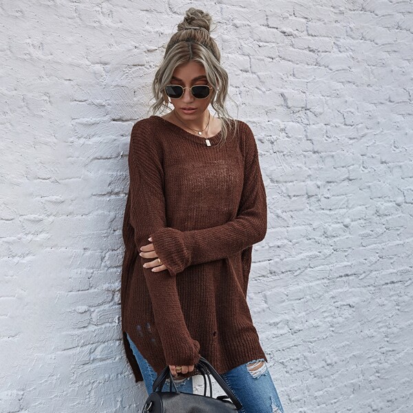 

Split Hem Oversized Sweater, Coffee brown