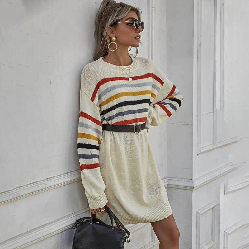 

Multi-color Striped Sweater Dress Without Belt, Beige