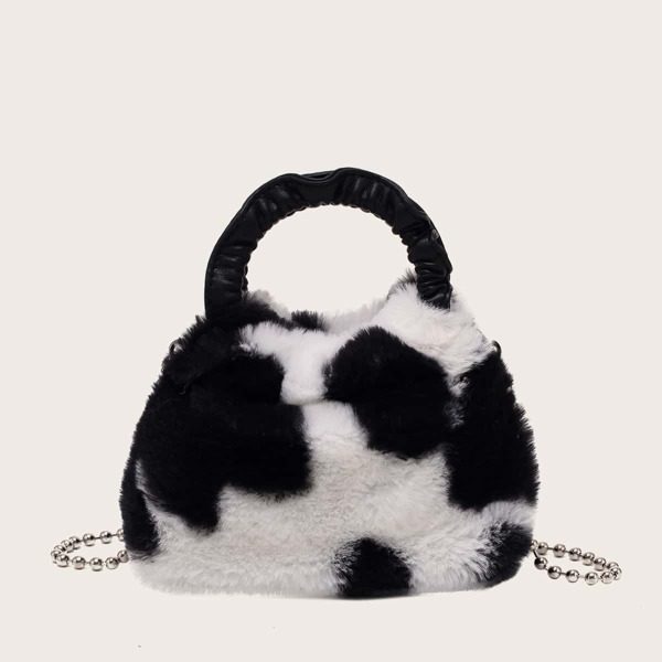 

Mini Cow Pattern Fluffy Satchel Bag, Black and white