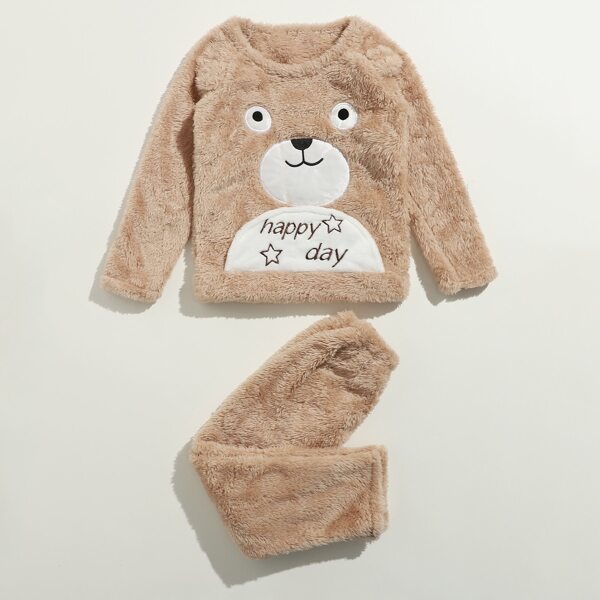 

Toddler Boys Cartoon And Letter Embroidery Flannel PJ Set, Apricot