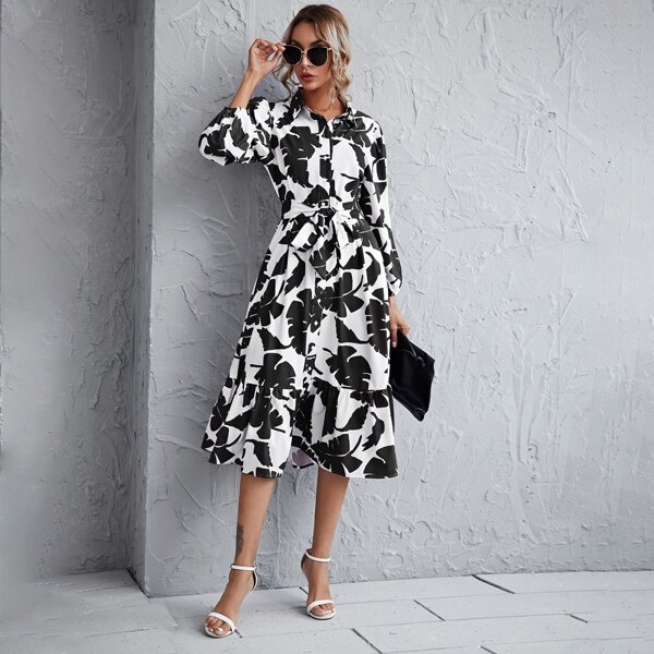 

Tropical Print Button Front Belted Ruffle Hem Dress, Black and white