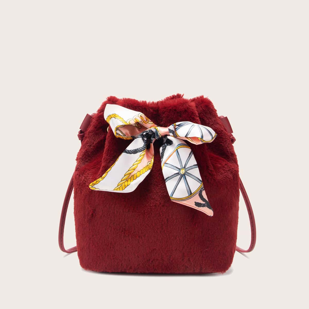 

Bow Knot Decor Fluffy Bucket Bag, Red