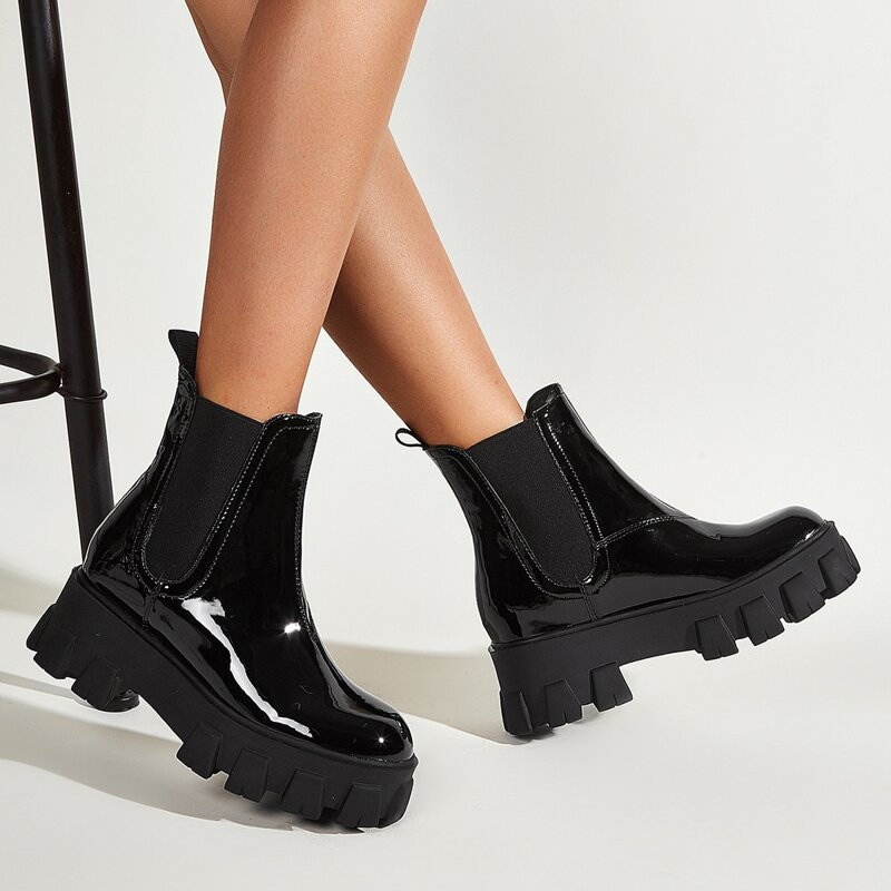 

Round Toe Patent Leather Chelsea Boots, Black