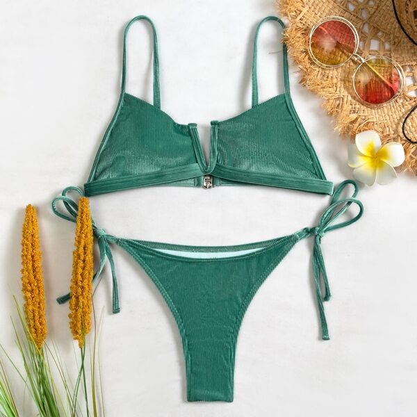 

Corduroy V Wired Tie Side Bikini Swimsuit, Green