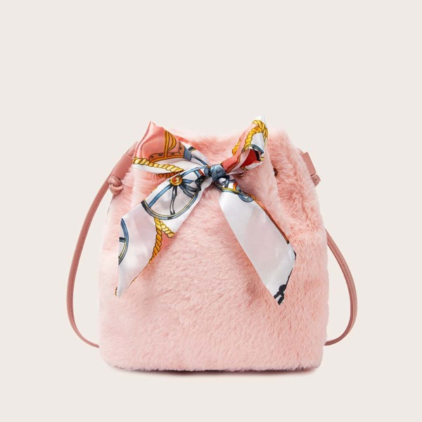 

Bow Knot Decor Fluffy Bucket Bag, Pink