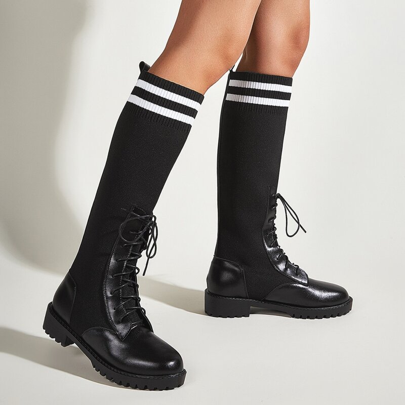 

Stripe Trim Lace Up Decor Sock Boots, Black