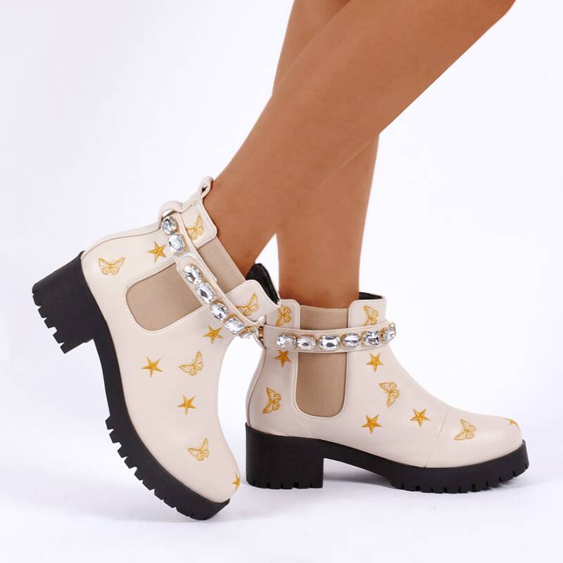

Gemstone Decor Star Embroidered Chelsea Boots, Apricot