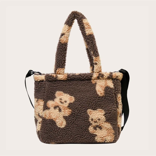 

Cartoon Bear Pattern Fuzzy Tote Bag, Coffee brown
