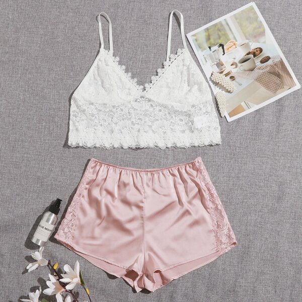 

Scallop Hem Lace Cami Top & Satin Shorts PJ Set, Multicolor