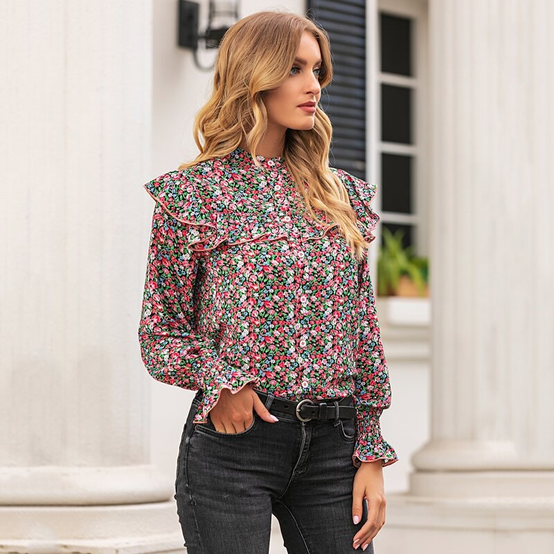 

Ditsy Floral Flounce Sleeve Ruffle Trim Blouse, Multicolor